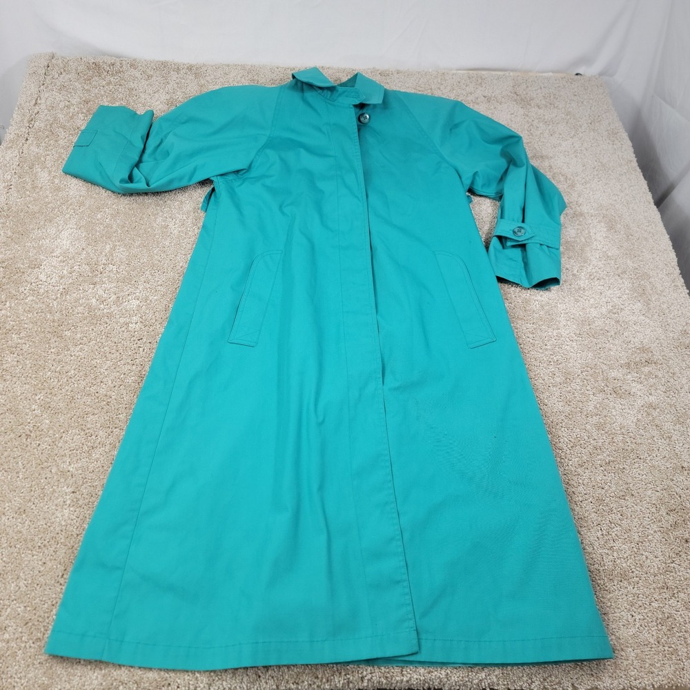 London Fog Vintage Teal Green Trench Coat Long Rain Jacket Petite 4 Made in USA